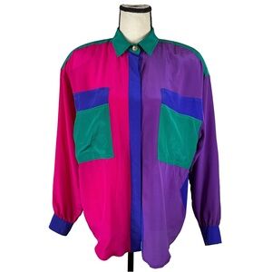 Vintage 90s Colorblock Silk Button Up Shirt | Oversized Retro Menswear